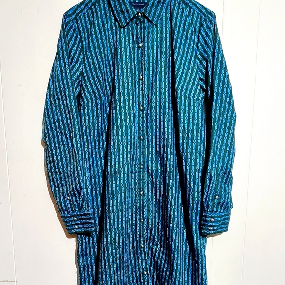 TOMMY HILFIGER SHIRT DRESS. WOMENS Sz:L GOLD BUTTONS GREEN/TEAL/BLUE CHAINLINK - Picture 1 of 10